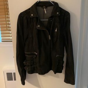 Black Denim Free People Jacket with Zippers and Motorcycle Look